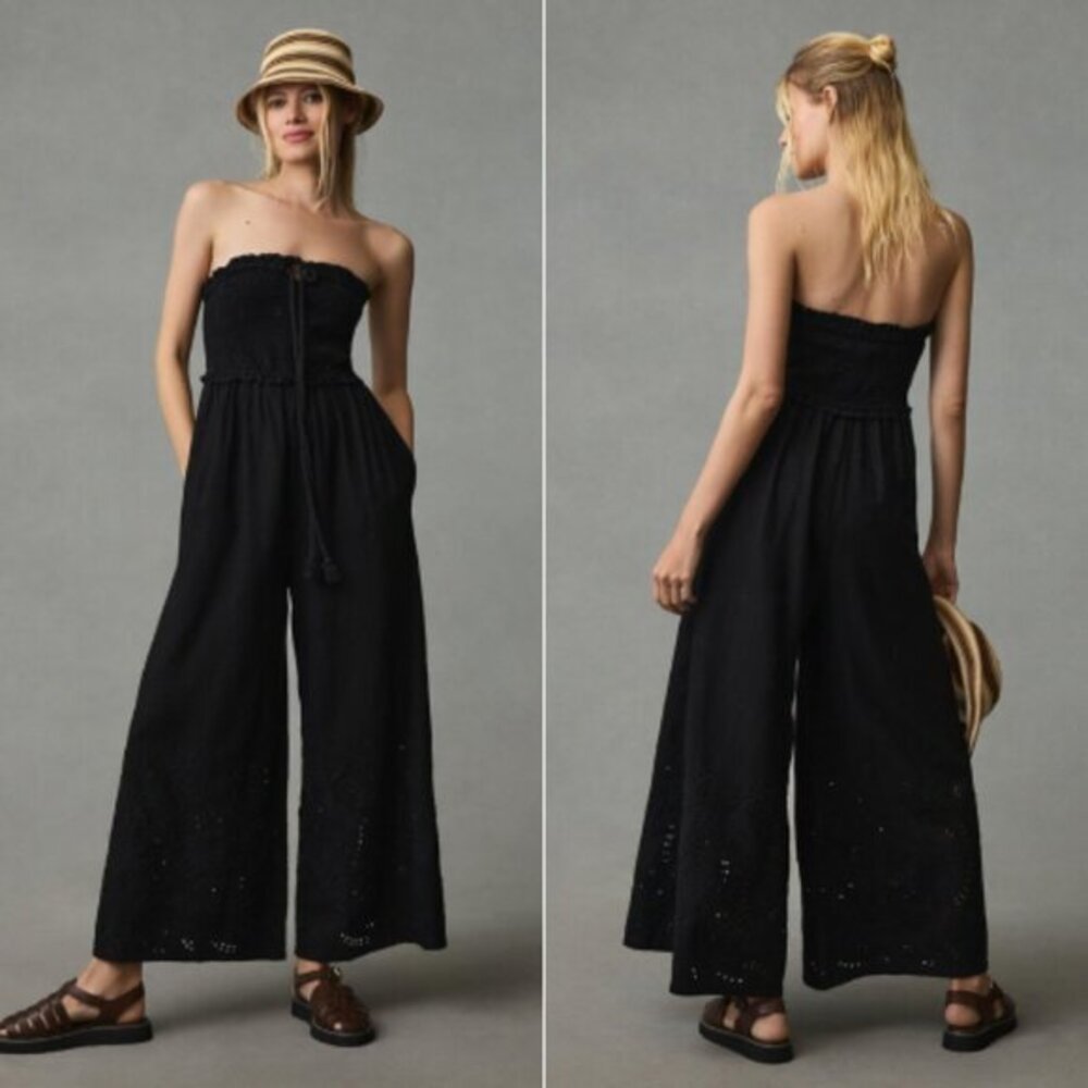 By Anthropologie Strapless Eyelet Jumpsuit Sz Medium Black‎ Chic Beach Pull On